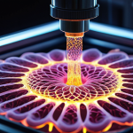 A close-up, high-tech shot of a bioprinter nozzle precisely extruding glowing bio-ink, filled with intricate, microscopic cell structures, onto a translucent scaffold. The scene emphasizes the delicate "painting" of life, with vibrant, ethereal light illuminating the bio-ink as it forms a complex, organic pattern. Futuristic laboratory setting, volumetric lighting, macro photography, hyperrealistic, high detail.