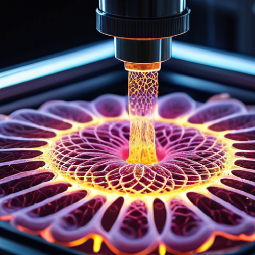 A close-up, high-tech shot of a bioprinter nozzle precisely extruding glowing bio-ink, filled with intricate, microscopic cell structures, onto a translucent scaffold. The scene emphasizes the delicate "painting" of life, with vibrant, ethereal light illuminating the bio-ink as it forms a complex, organic pattern. Futuristic laboratory setting, volumetric lighting, macro photography, hyperrealistic, high detail.