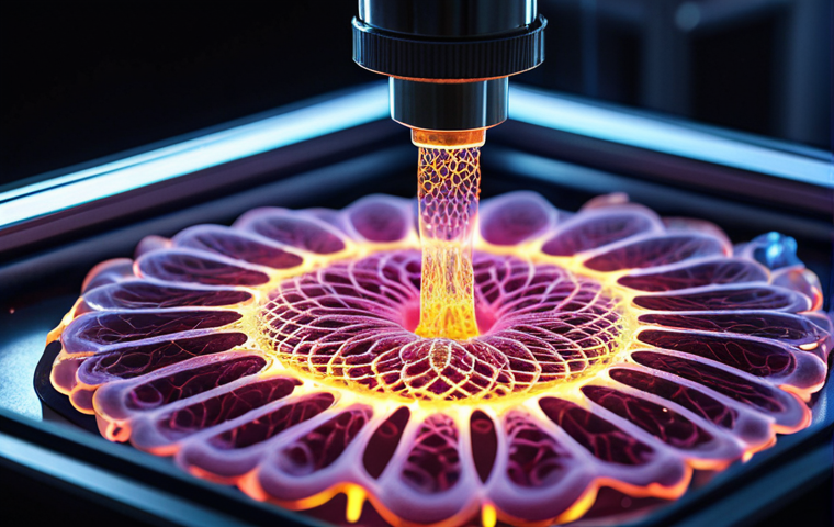 A close-up, high-tech shot of a bioprinter nozzle precisely extruding glowing bio-ink, filled with intricate, microscopic cell structures, onto a translucent scaffold. The scene emphasizes the delicate "painting" of life, with vibrant, ethereal light illuminating the bio-ink as it forms a complex, organic pattern. Futuristic laboratory setting, volumetric lighting, macro photography, hyperrealistic, high detail.