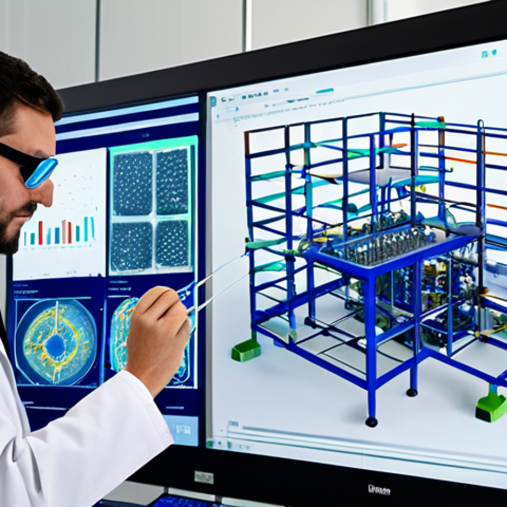 Data-Driven Biomaterial Design**
"A team of scientists in a brightly lit laboratory, fully clothed in lab coats and safety goggles, analyzing data visualizations on a large screen displaying complex molecular structures. The scene highlights the use of algorithms and simulations to predict the performance of new biomaterials. In the foreground, a 3D printer is creating a small, complex scaffold. Professional, safe for work, appropriate content, perfect anatomy, natural proportions, fully clothed, modern lab, scientific illustration, high quality."
**