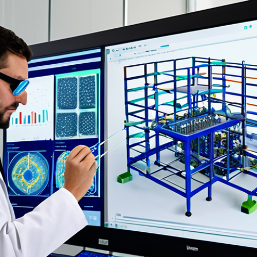 Data-Driven Biomaterial Design**

"A team of scientists in a brightly lit laboratory, fully clothed in lab coats and safety goggles, analyzing data visualizations on a large screen displaying complex molecular structures. The scene highlights the use of algorithms and simulations to predict the performance of new biomaterials. In the foreground, a 3D printer is creating a small, complex scaffold. Professional, safe for work, appropriate content, perfect anatomy, natural proportions, fully clothed, modern lab, scientific illustration, high quality."

**